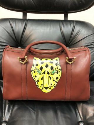 Must De Cartier Boston Hand Bag Bordeaux Leather Vintage Hand Painted Panther