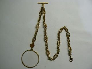 Long Vintage Albert Gold Plated Pocket Watch Chain With Gold Plated Glass Fob