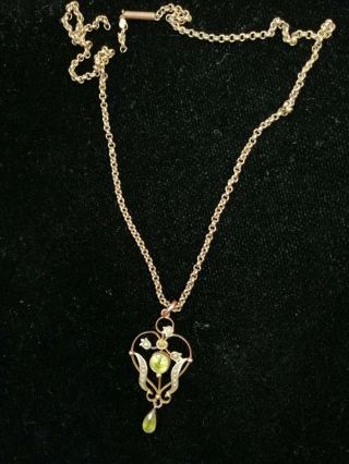 Edwardian Art Nouveau 9ct Gold Peridot And Seed Pearl Pendant Necklace