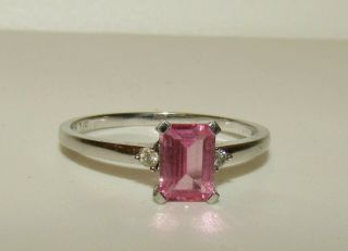 Elegant,  Art Deco,  9 Ct White Gold Ring / Emerald Cut Pink Sapphire & Diamonds
