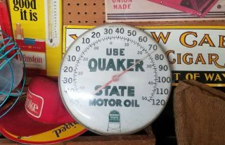 Vintage Quaker State Motor Oil Round Metal Thermometer Gas Station Soda Oil