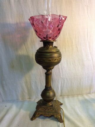 Vintage Antique B&h Bradley & Hubbard Pedestal Banquet Lamp W/ Cranberry Shade