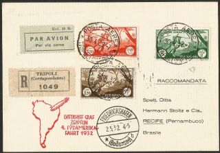 1932 Italy Tripolitania To Brazil Zeppelin Registered Card Rare
