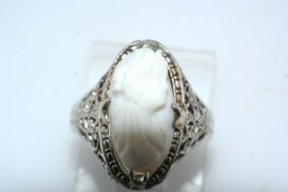 Deco Vintage 14k White Gold Filigree Angel Skin Coral Cameo Ring