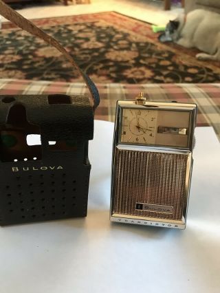 Vintage Bulova Blue Model 830 Transistor Radio With Wind - Up Clock With Case