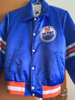 Vintage Edmonton Oilers Nhl Shain Satin Jacket Size L Blue Orange