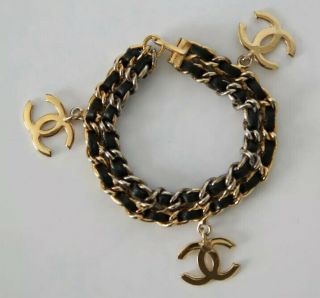 Authentic Chanel Gold And Black Leather Chain Cc Logo Bracelet Htf Rare Find