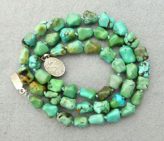 Vintage 18 " Chinese Hand Knotted Turquoise Bead Necklace Nugget Beads 27.  8g
