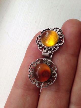 Vintage Russian Sterling Silver Rare Shoe Clothes Clips Natural Baltic Amber 50s