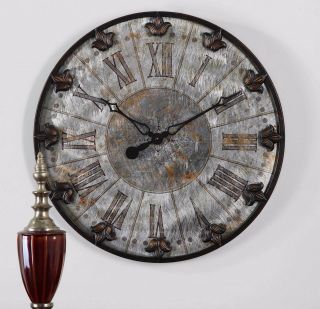 24 " Rustic Aged Finish Round Wall Clock Large Roman Numbers Vintage Design