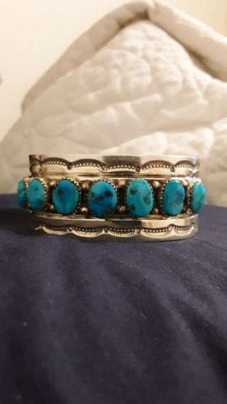Vintage Navajo Made Sterling Silver & Blue Turquoise Cuff Bracelet Signed