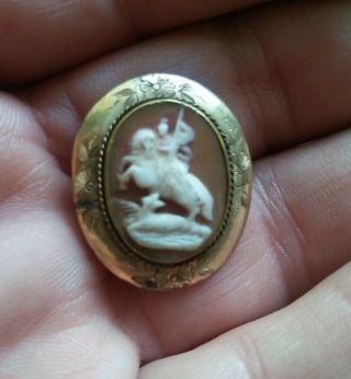 Antique Vintage Cameo Pin Brooch Saint George Slaying Dragon Gold Filled