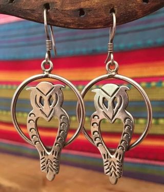 Large Vintage Taxco Sterling Silver Owl Dangle Hook Earrings