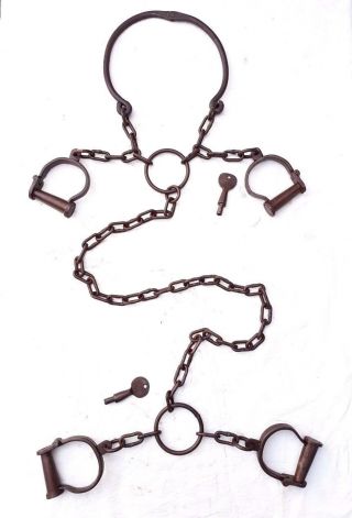 Vintage Old Antique Iron Handcrafted Rare Neck,  Leg & Hand Handcuffs Lock Key