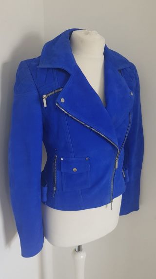 Rare Electric Blue Suede Leather Biker Jacket Karen Millen Uk 12 Us 8 Eu 40