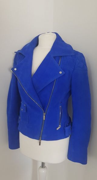 RARE ELECTRIC BLUE SUEDE LEATHER BIKER JACKET KAREN MILLEN UK 12 US 8 EU 40 2