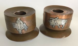 Mexican Silver Overlay On Copper Bull Fighter Candle Holders