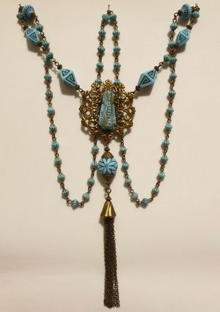 Vintage Art Deco Style Neiger Glass Bead Egyptian Revival Long Tassle Necklace