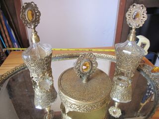 Vintage Gold Filigree W/ Amber Glass 2 Perfume Bottles & Mirror Tray Vanity Set