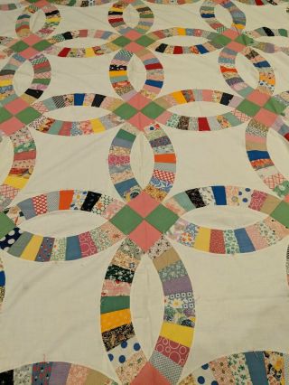 Vintage 1930s Double Wedding Ring Quilt Top With Backing 75 " X90 " Cond