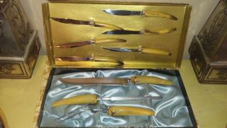 Carving Set: Vintage Sheffield 9 Piece Cutlery Set With Faux Horn Celluloid Hand