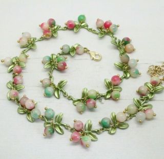 Vintage Style Agate Stone Bead / Enamel Apple Blossom Berry Necklace Jewellery