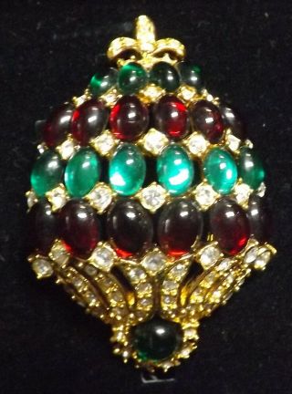 " Joan Rivers " Red,  Green & Clear Rhinestone Christmas Tree Gold Tone Pin Brooch