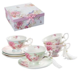 Coffee Tea Cup And Saucer Set 4 Shabby Chic Vintage Porcelain Gift Box