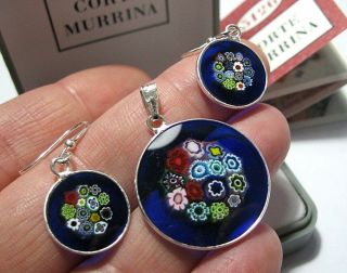 Vintage Style Sterling Silver Blue Millefiori Flowers Murrina Boxed Earrings Set