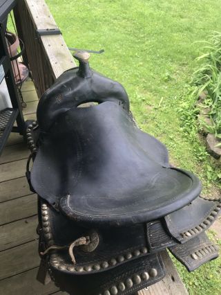 Vintage Leather Horse Saddle Tooling Work Ornate Wood Stirrups Brass