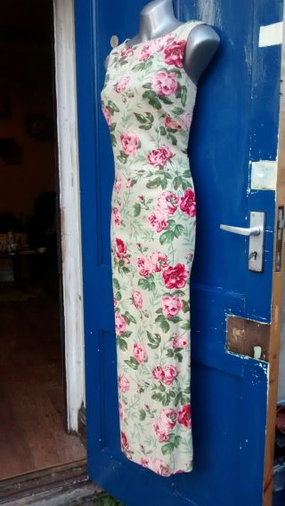 Vintage Laura Ashley Size 12 Linen/cotton Rose Print Floral Sundress 90s Midi