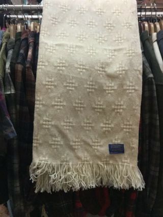 Vintage Pendleton White Basketweave Wool Blanket W/fringes 60x72