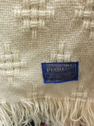 Vintage Pendleton White Basketweave Wool Blanket w/Fringes 60x72 2