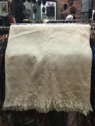 Vintage Pendleton White Basketweave Wool Blanket w/Fringes 60x72 3
