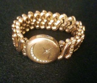 RARE Vintage 1905 - 1920 ' s Seed Pearl Cresent & star Locket Expansion Bracelet 7