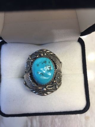 Vintage Johnson Yazzie Navajo Sterling Silver Turquoise Ring Size 11