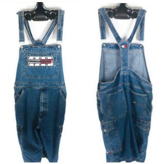 Vintage 90s Tommy Hilfiger Overalls Shorts Jeans Large Spell Out Blue Mens
