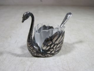 Vintage Antique 800 Silver Swan Demitasse Sugar 925 Spoon Set Glass Bowl Insert