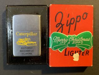 1949 - 50 Zippo W/ Caterpillar Graphic And Rare Red Merry Christmas Box