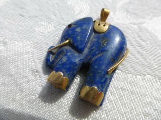 Vintage Carved Lapis 14k Yellow Gold Elephant Pendant Detail