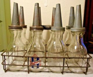 Complete Set Of 8 Vintage Huffman Oil Bottles Funnel With Carrier Standard