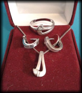 Vintage 925 Solid Sterling Silver Diamond Necklace,  Earrings & Ring Set