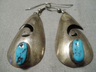 Huge Vintage Navajo Blue Turquoise Sterling Silver Swirl Earrings Old