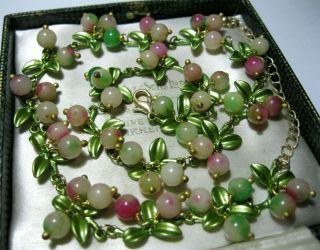 Vintage Style Art Deco Real Agate Stone Bead Berries Blossom Enamel Necklace
