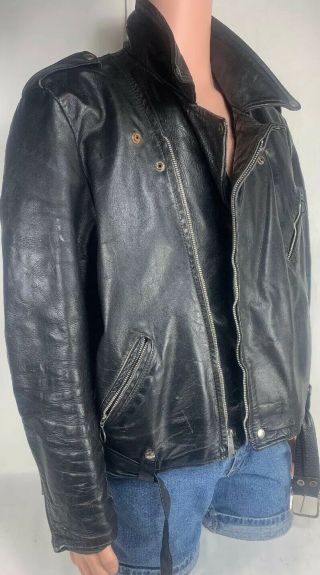 Vintage Brooks Racer Motorcycle Leather Jacket Black Size 50 Authentically Worn