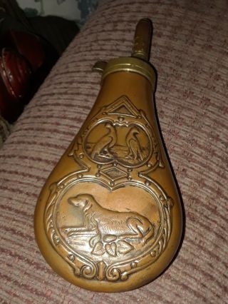 Vintage Brass & Copper Black Powder Muzzleloader Flask W/lying Dog & Birds Scene