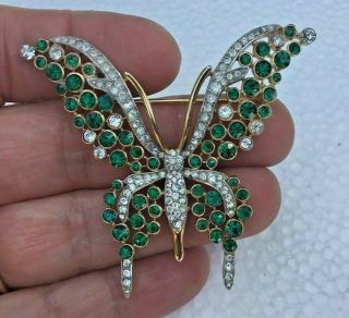 Vintage Trifari Crown Green And Clear Rhinestone Butterfly Pin