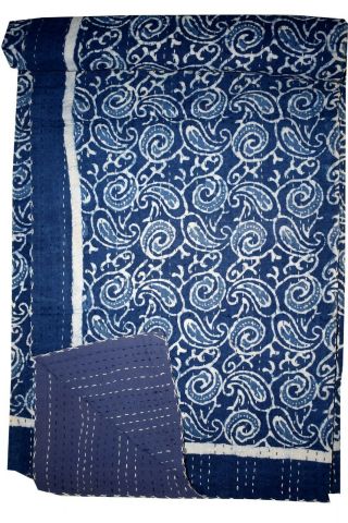 Kantha Bedspread King Vintage Bedding Indigo Blue Indian Patchwork Kantha Quilt