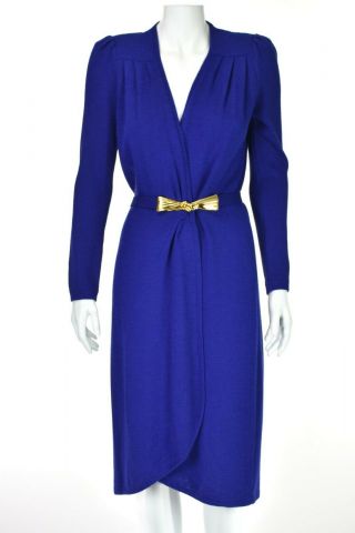 St.  John Royal Blue Santana Knit Wrap Dress With Belt Size M