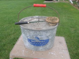 Vintage Mit Shel Oval Minnow Bucket Metal Bait Galvanized Fishing With Net